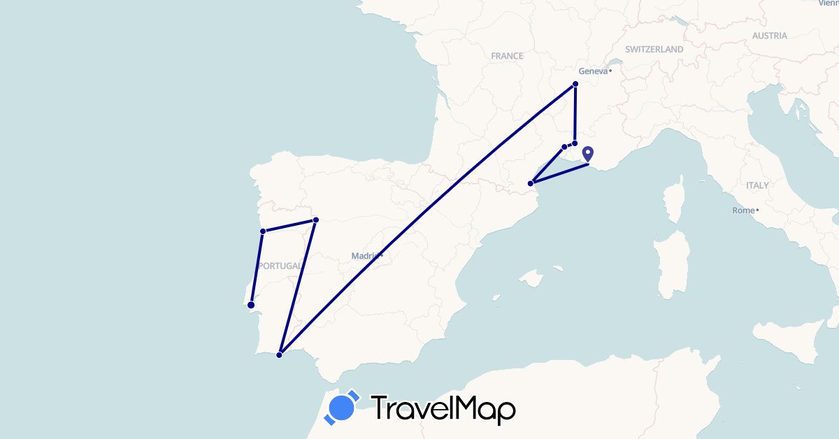 TravelMap itinerary: driving, train in France, Portugal (Europe)